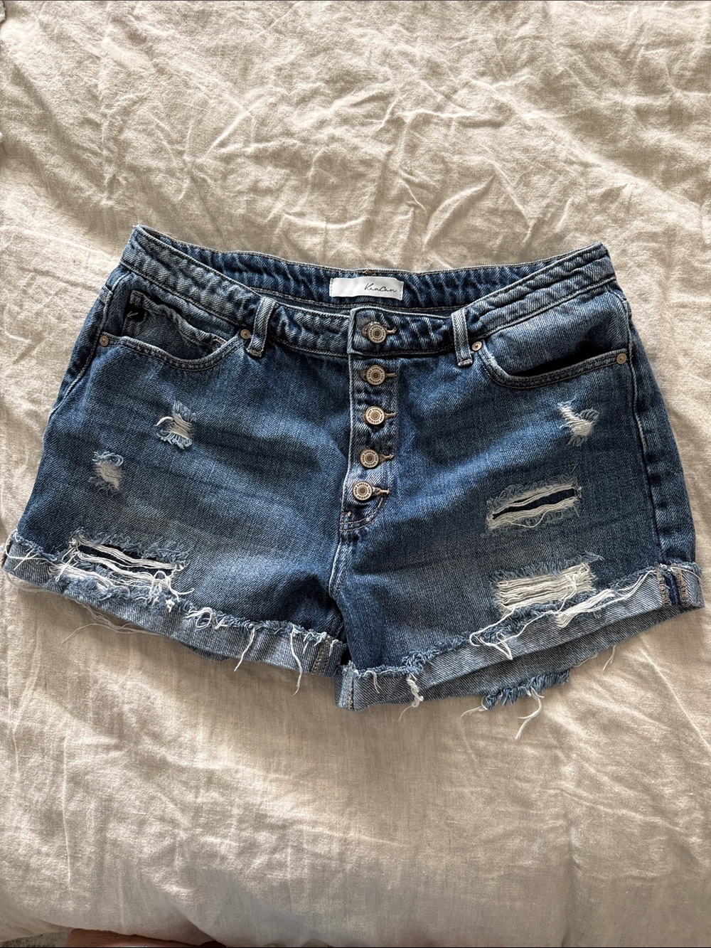 KanCan Boyfriend Distressed Denim Shorts - Blue